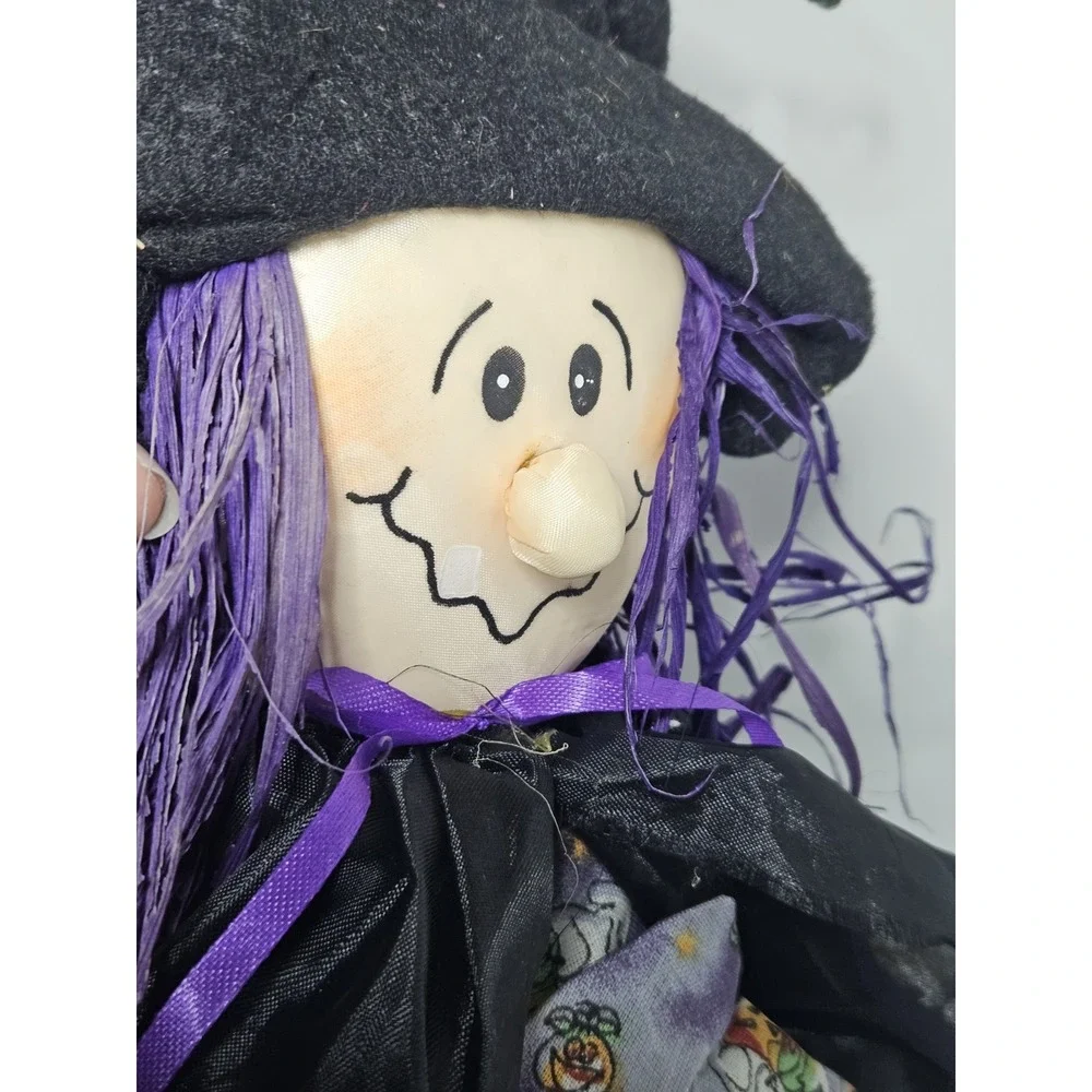 Flying Witch Hanging Decoration Straw Broom Black Cat Halloween Plush Folk Art